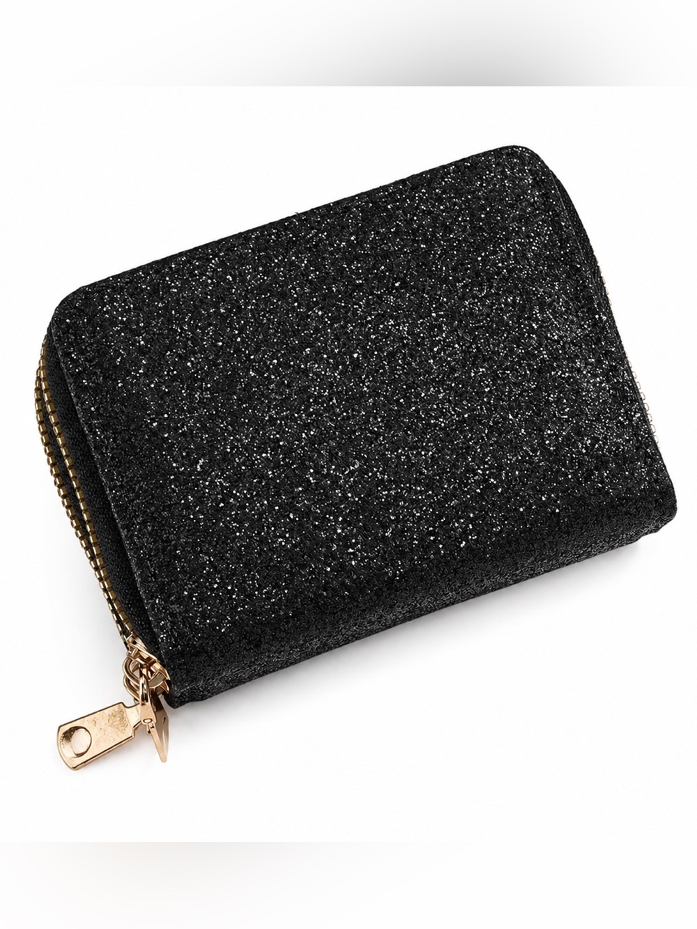 Black Glitter Wallet Double Zipper Accordion Card Holder Coin Purse Womens NEW - Picture 2 of 11